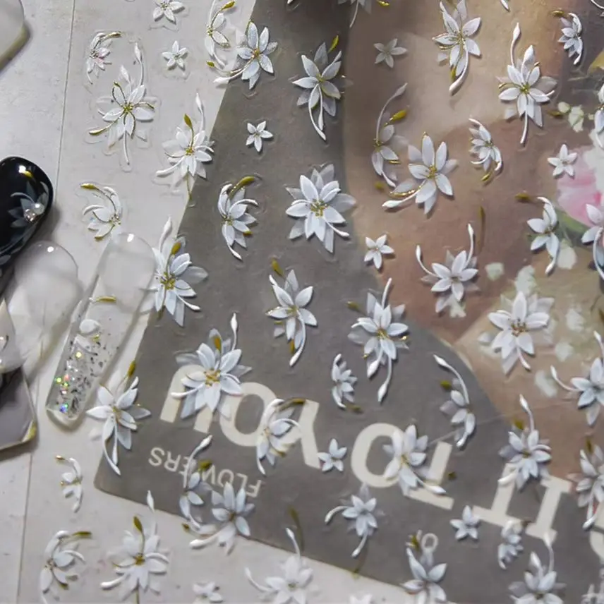 

Ink Wash Style Light Grey White Black Flower Delicate Cherry Blossom Daisy Lily Frame Chic Gold Silver Nail Art Stickers Decals