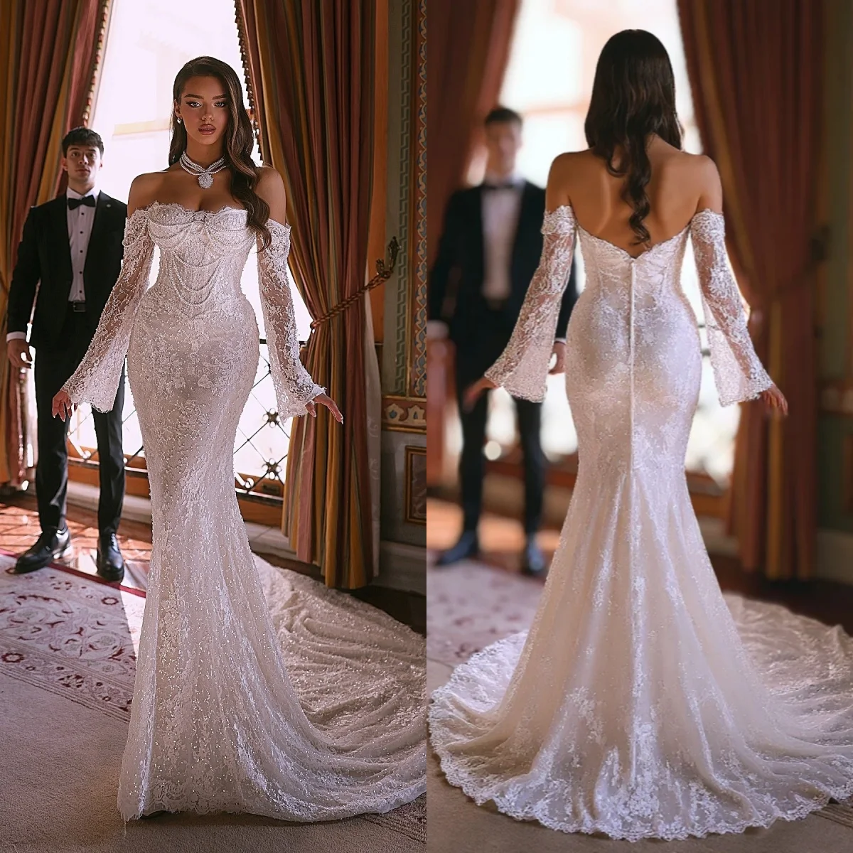 

Custom Elegant Off Shoulder Mermaid Wedding Dress 2026 Luxury Lace Appliqué Bridal Gown Plus Size Vestido De Novia