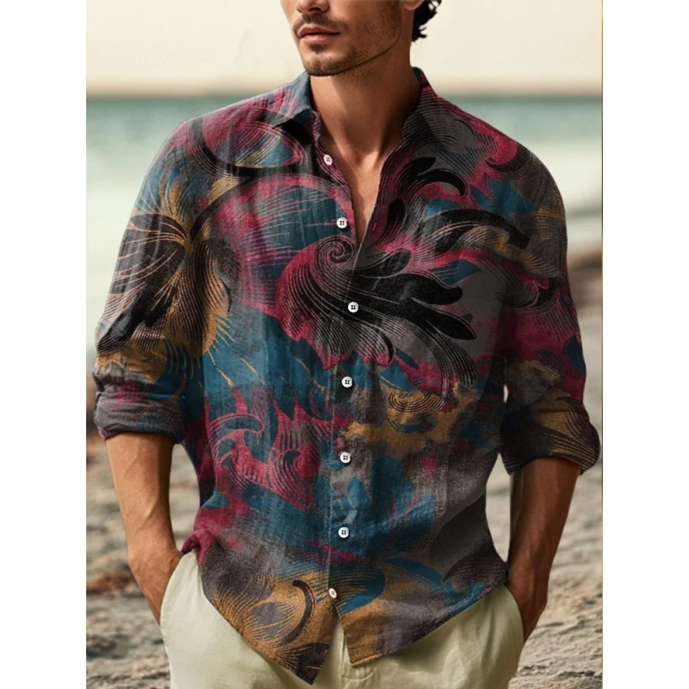 

Men's linen casual fashionable long sleeved shirt with unique pattern, Hawaiian vacation style, linen ethnic style
