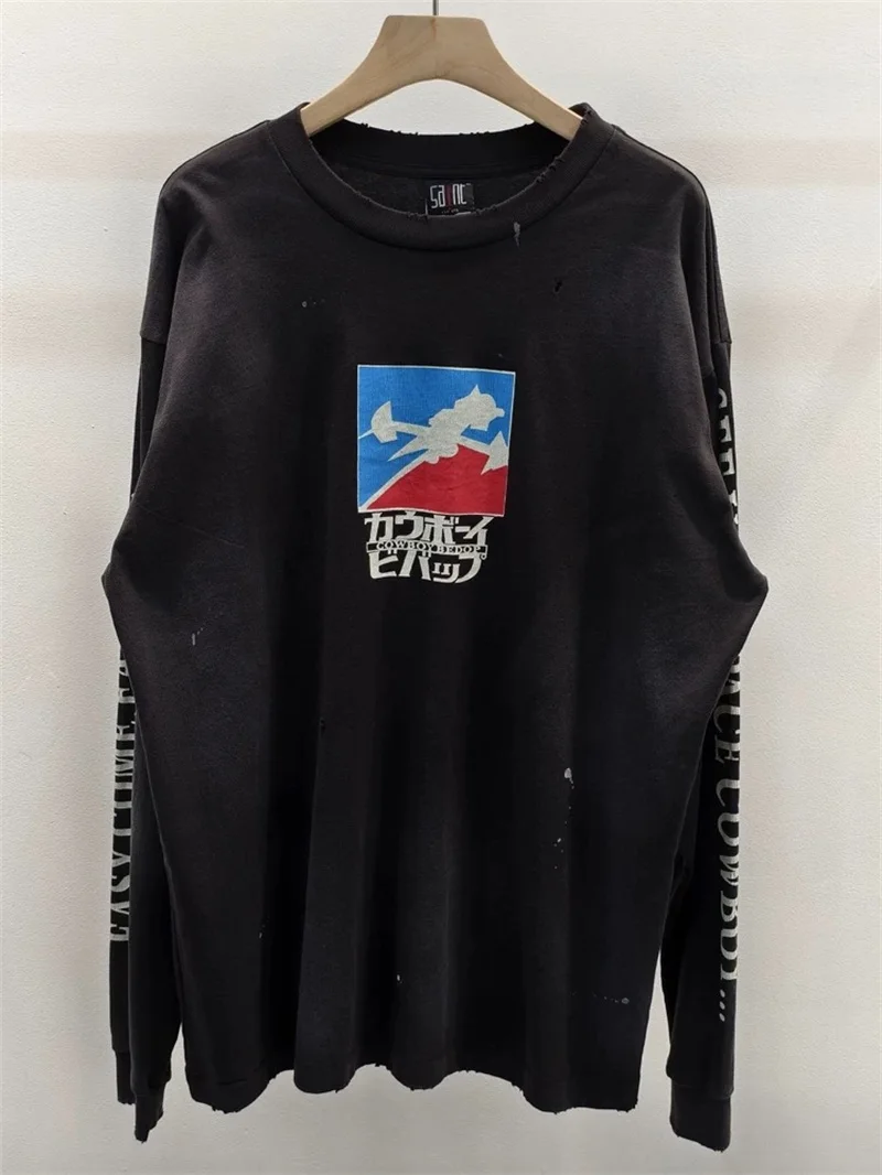 أنيمي الطباعة سانت مايكل بأكمام طويلة تي شيرت الرجال النساء المتضخم غسلها هوديس أسود