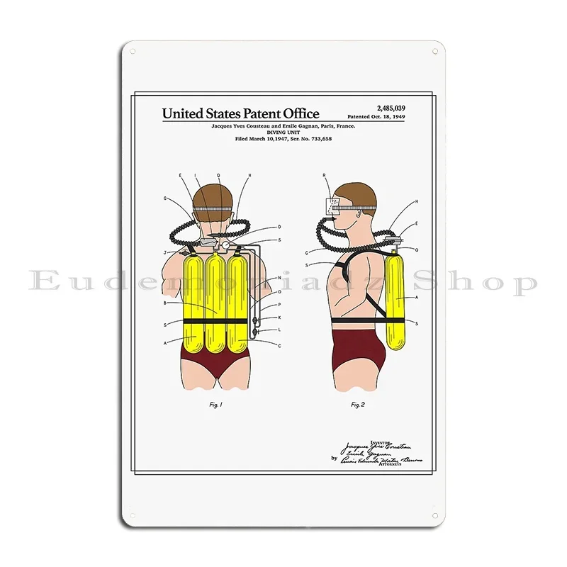 Jacques Cousteau Diving Unit Patent Metal Sign Poster Cinema Party Cinema Print Club Bar Tin Sign Poster