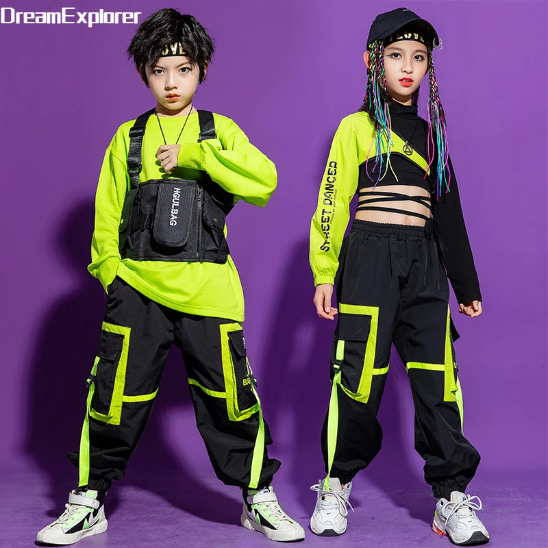 Boys Hip Hop Vest Girls Cuff Cargo Pant Outfit Child Sweatshirt Chest Bag Joggers Street Dance Kids Streetwear Costume Sportwear