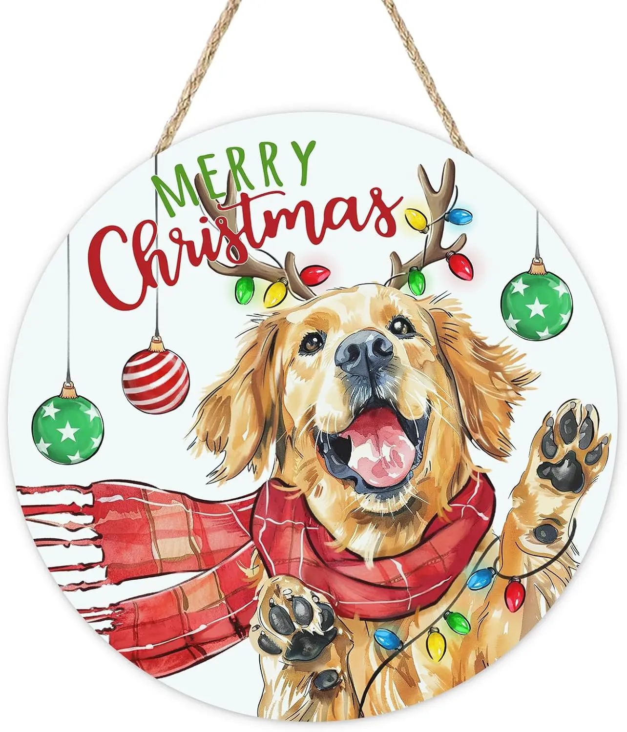 Golden Retriever Christmas Door Sign, 12in Round Merry Christmas Dog Wreath
