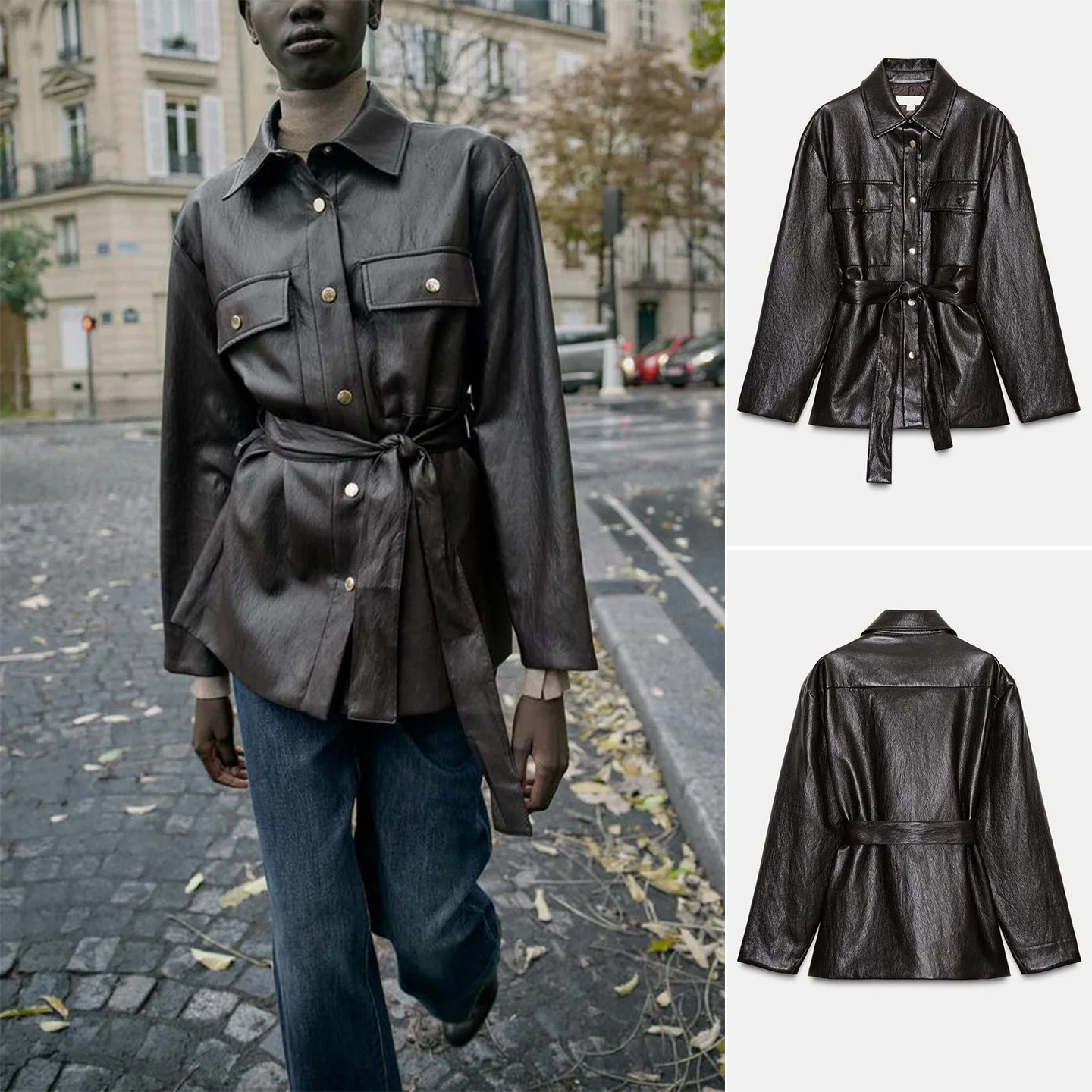 خريف شتاء جديد المرأة طويلة Sve بولي Leather الجلود Jaet مع حزام الأمريكية Sle الوقوف طوق معطف السيدات Faion ملابس خارجية