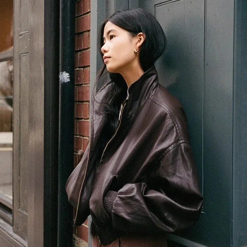 معطف فضفاض مناسب لراكبي الدراجات النارية Sle Jaet ort بسحاب للإغلاق بلون نقي وياقة واقفة معطف جلدي صديق للبيئة للشابات #4