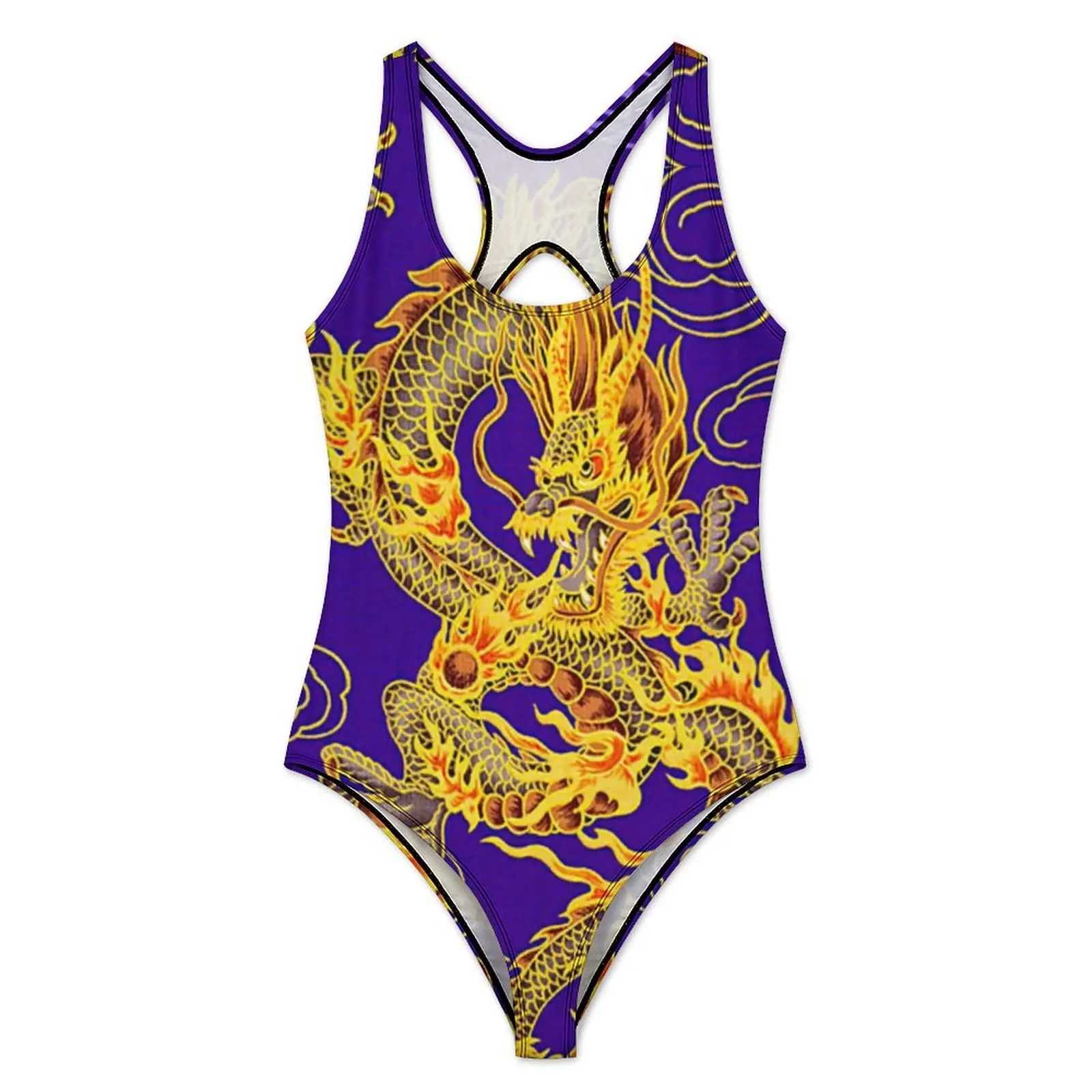 Chinese Emperor Dragon Swimsuit Sexy Dragons Art Print Women Swimwear One Piece Retro Bodysuit Push Up Hollow Out Bathing Suits