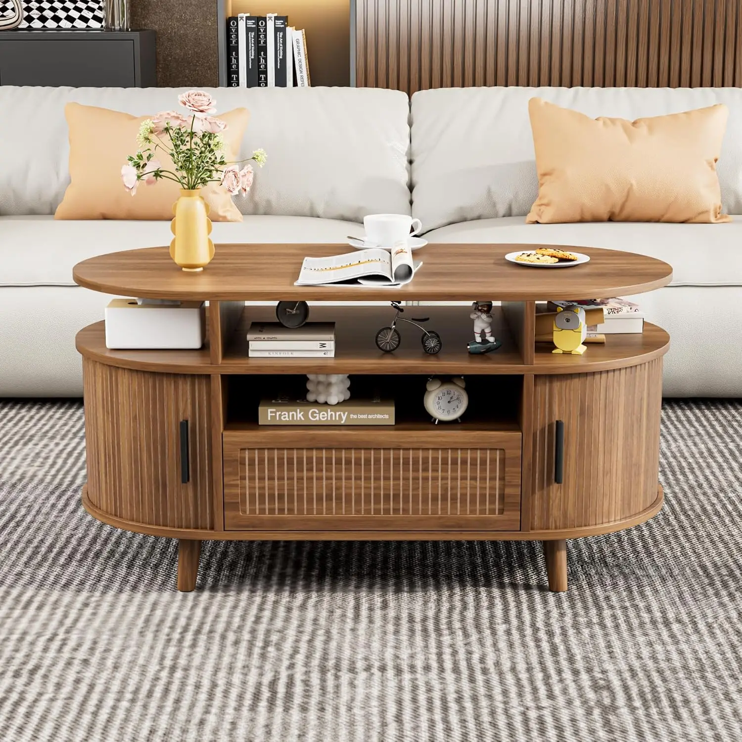 

Овальный кофейный столик 39,4 дюйма с ящиком для хранения, в стиле Mid-Century Modern, деревянный, в стиле фермерского дома, на заказ