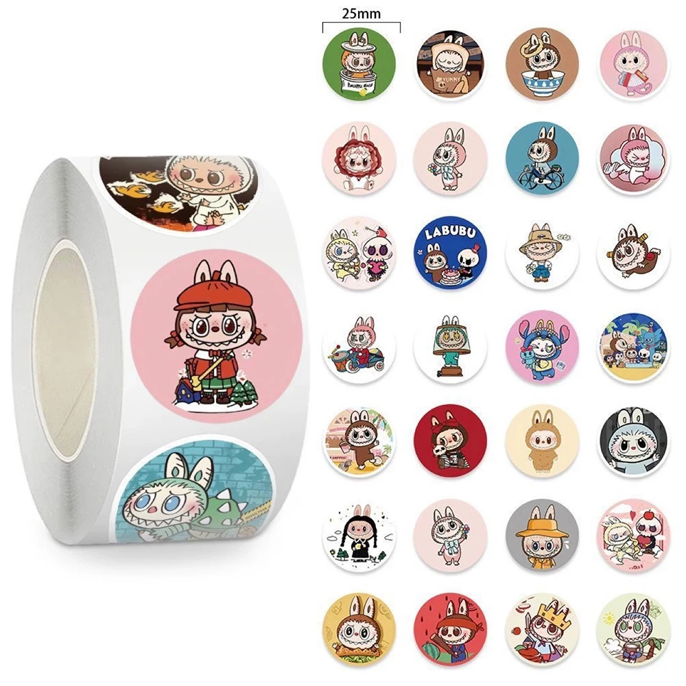 

500pcs/roll Funny Labubu Sealing Stickers Cute Cartoon Decals Decoration DIY Notebook Phone Luggage Kids Reward Sticker Toy Gift