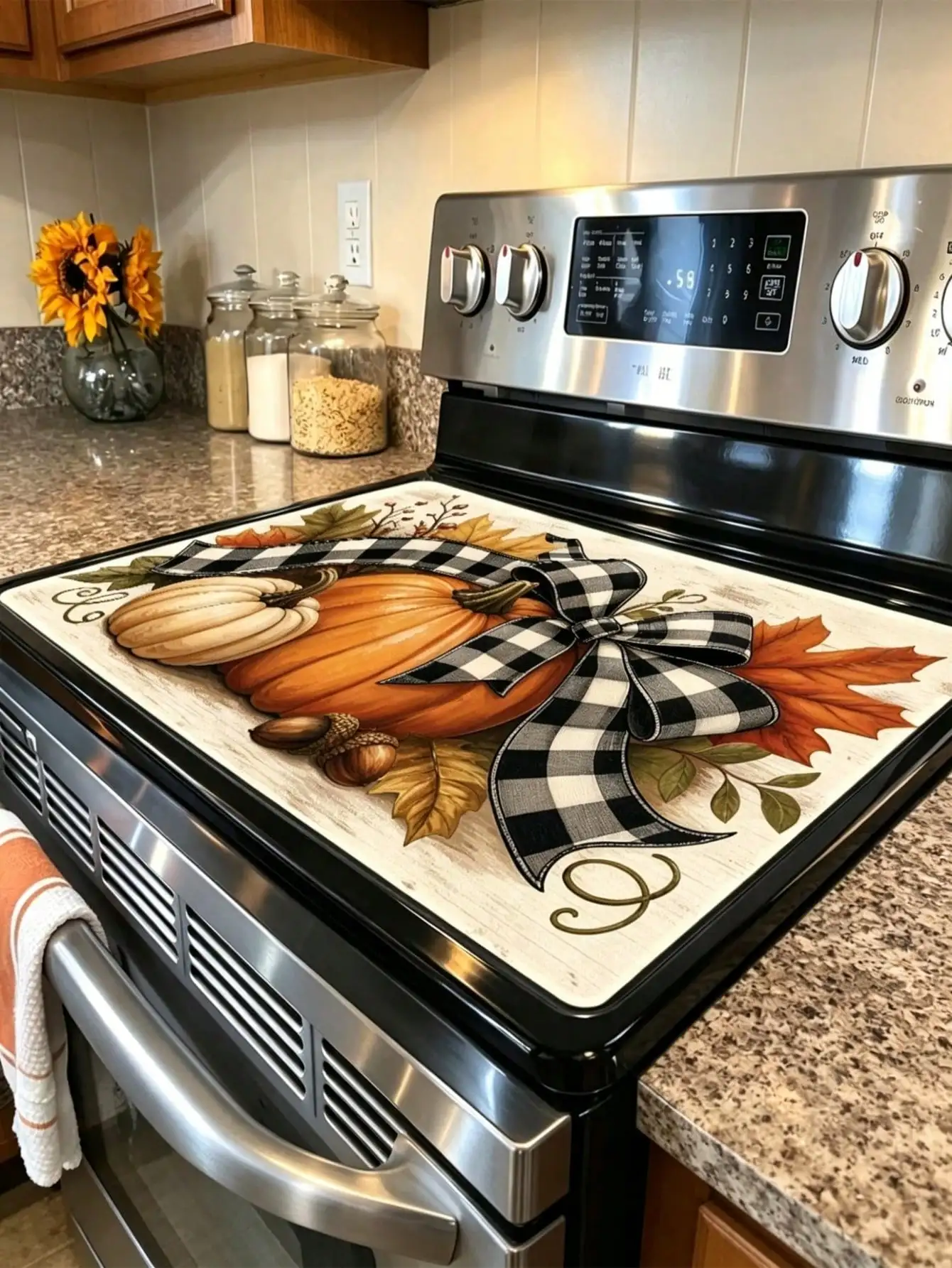 2D Flat, Autumn Harvest Pumpkin Pattern Stove Top Cover, Rustic Plaid Bow Design, Cozy Fall Kitchen Decor, Scratch Resistant, Durable & Reusable Stove Top Cover Board, Ideal For Glass, Kitchen Essentials, Fall Decor, Fall Home Decor