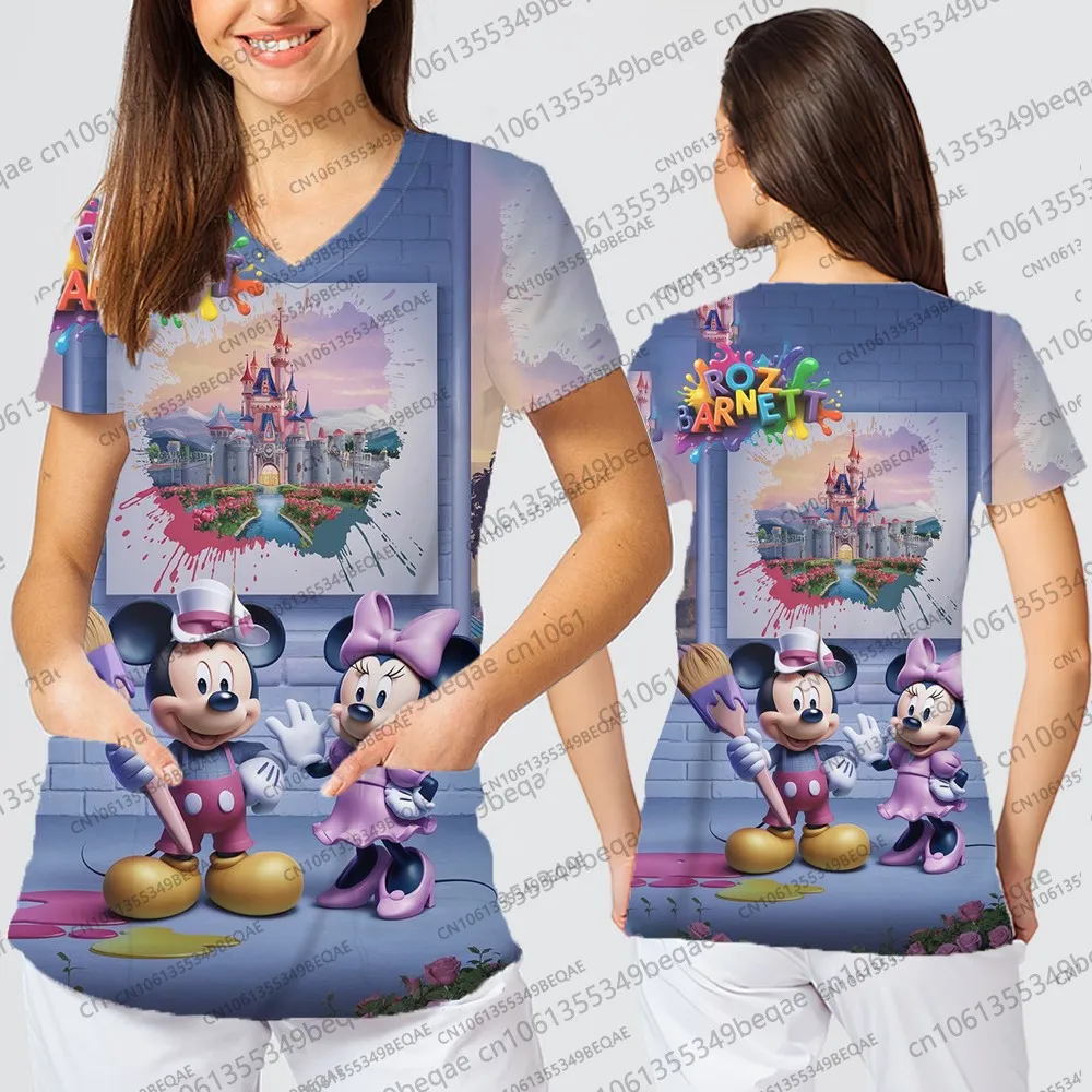Y2k نمط تي شيرتات قصيرة الاكمام المرأة الكرتون الجرافيك القمم خمر مستوحاة بلايز عادية للسيدات الخامس الرقبة فضفاض ممرضة موحدة