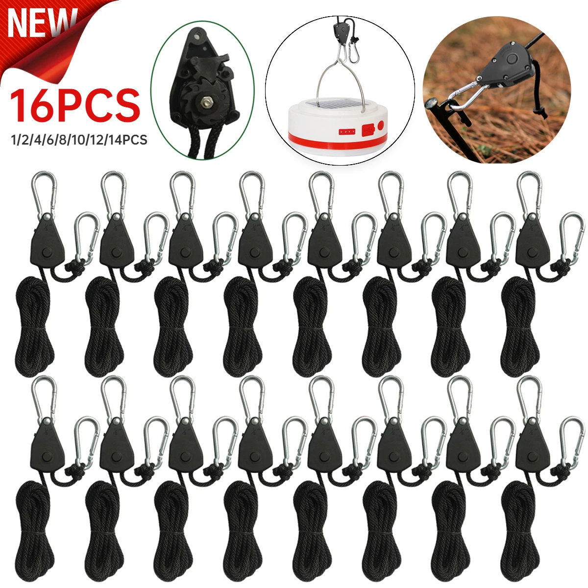 1/2/4/6/8/10/12/14/16pcs Rope Pulley 1/8 Lift Pulley Lifting Pulley Hook Canoe Boat Bow Stern Rope Sky Curtain Tent for Camping