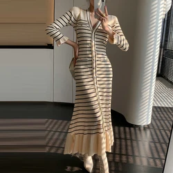 YuooMuoo Chic Fashion Knitted Maxi Dress 2024 New Elegant V-neck Stripes Single-breasted Ruffled Sweater Dress Party Robe Femme