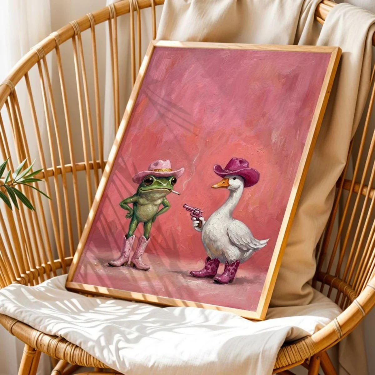 Whimsical Pink Cowboy Frog Duck Canvas Print Poster Dopamine Funny Animal Art Prints Wash Room Bathroom Wall Art Home Decor