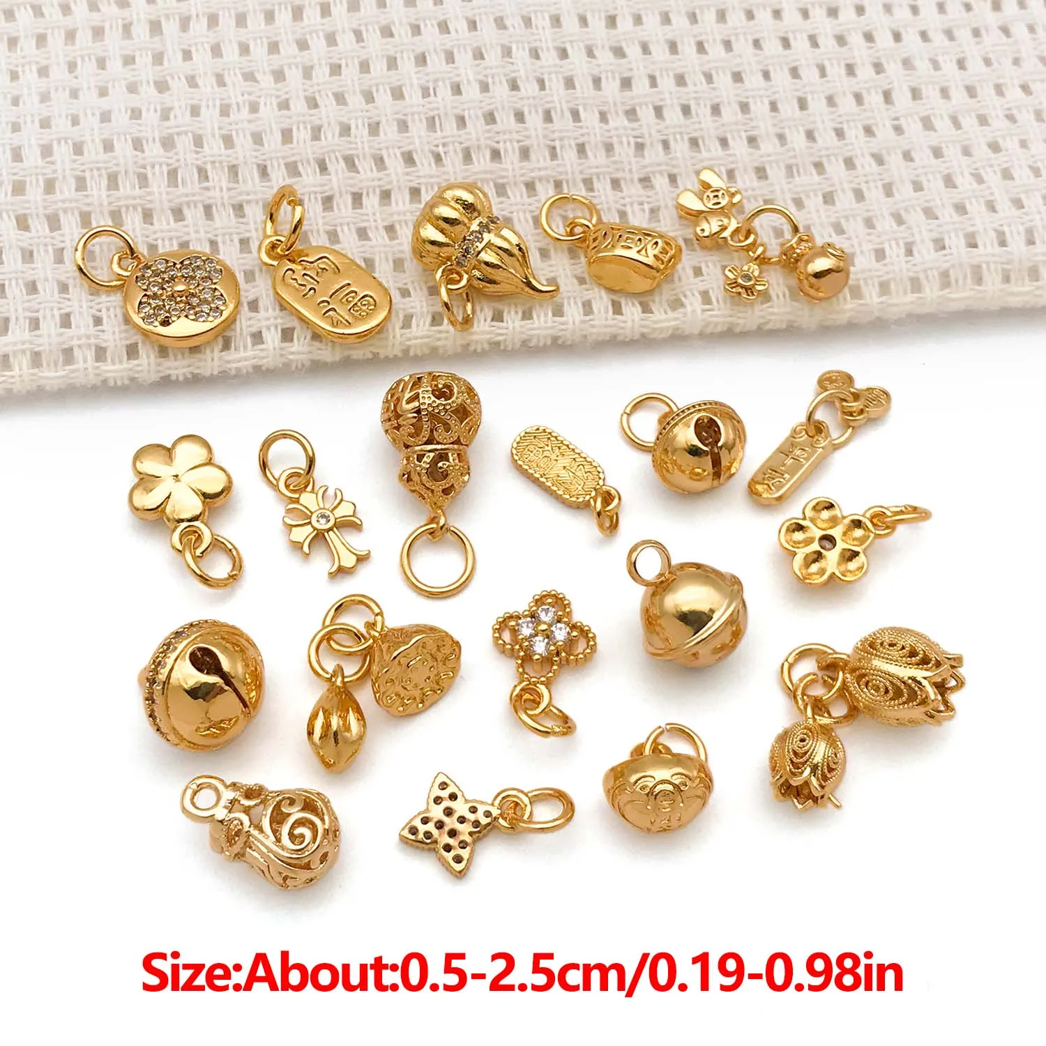 1pc 18K Real Gold Plated Brass Chinese Charms, Bell, Gourd, Letter Cards, Golden Ingot Pendant, For DIY Jewelry Making Accessory