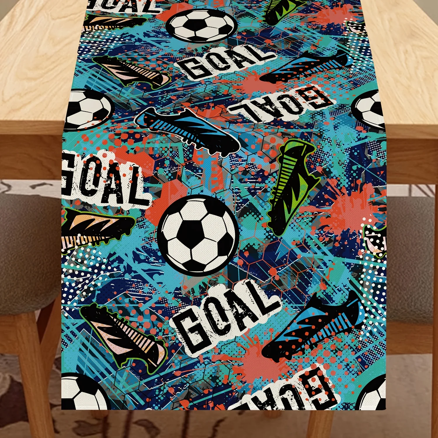Vibrant Soccer Sneakers Graffiti Print 100% Polyester Table Runner Colorful Sports Themed Home Party Table Decor