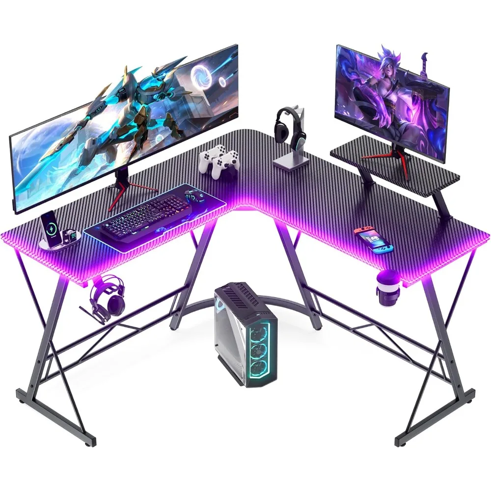 

Gaming Desk with LED Lights, L Shaped Desk Corner with Cup Holder & Headphone Hook, Computer Desk Home Office Desks