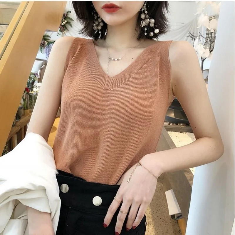 Zomer Mouwloze Blouse Shirt Vrouwen Tops Blusas Mujer De Moda 2024 Blouse Vrouwen V-Hals Gebreide Blouse Vrouwen Kleding Shirts D109