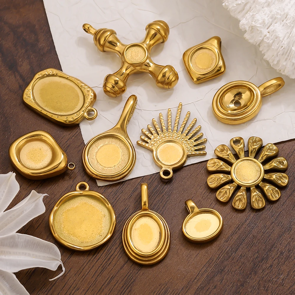 4-5PCS Stainless Steel Gold Charms Round Oval Bezel Charm Pendant Trays Blank Cabochon Base for DIY Jewelry Making Supplies
