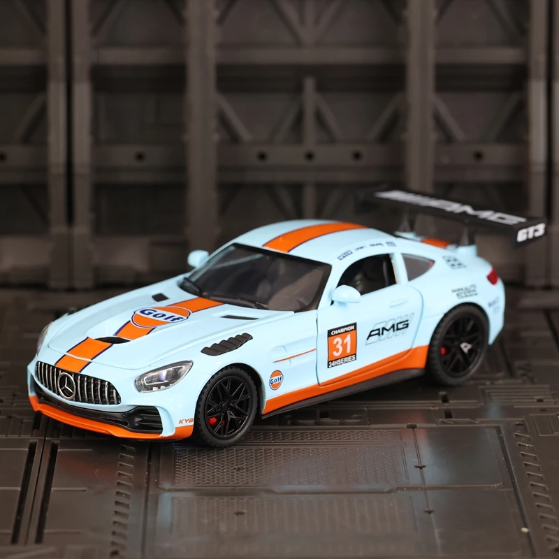 

1:32 AMG GT-R graffiti alloy car model acousto-optic pull-back toy doors and hood trunk can open children's ornaments.