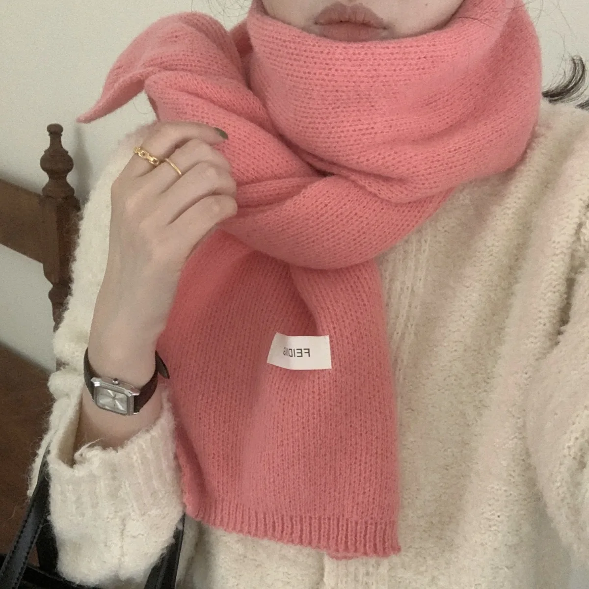 Solid Color Warm Scarf Female Autumn Winter All-Match Woolen Soft Waxy Couple Japanese  Version Of School Versatile Tide Scarf