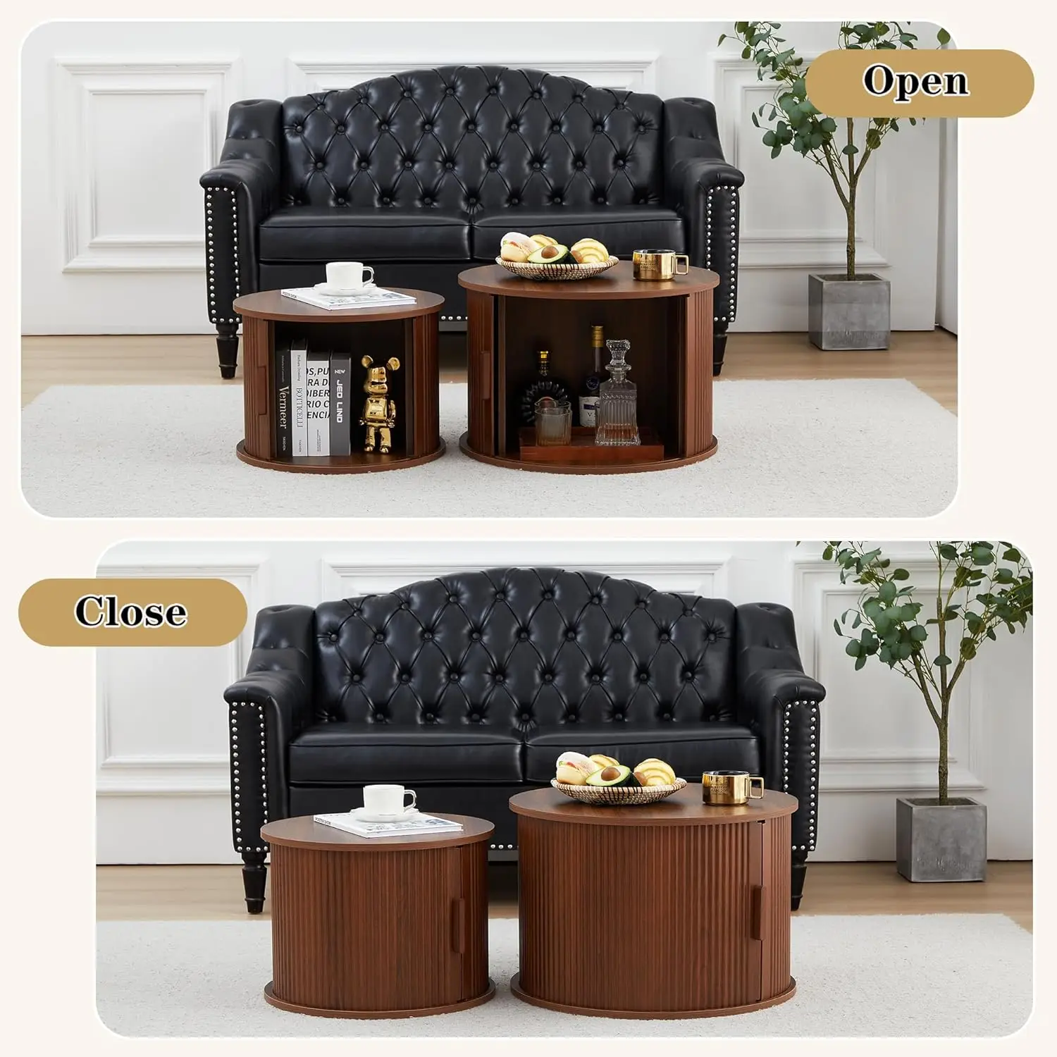 Conjunto de mesa de centro redonda de nogueira moderna de 2 peças – Mesas laterais caneladas com espaço de armazenamento e porta deslizante, para sala de estar/escritório/quarto