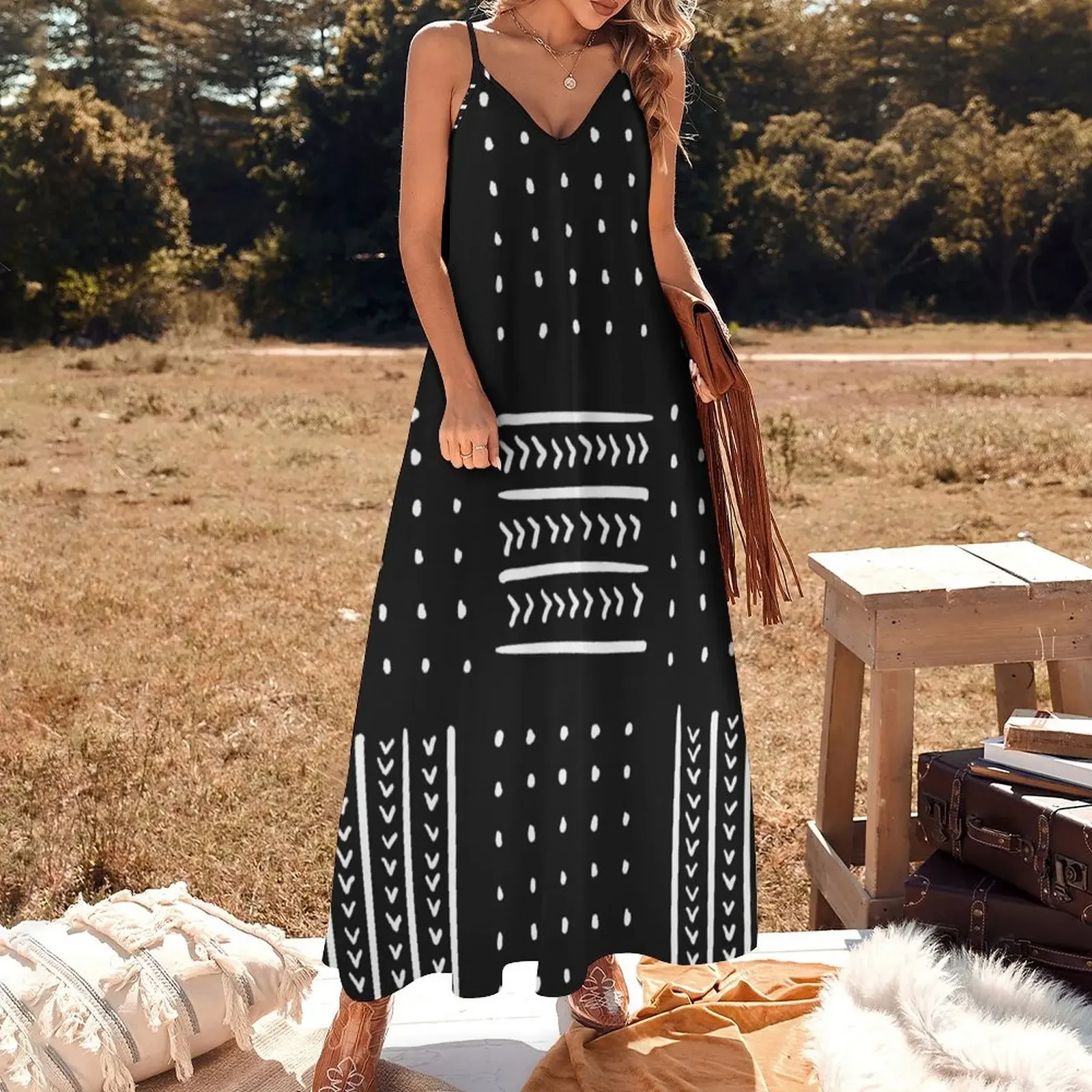 Boho Directions in Black and White Sleeveless Dress summer dress korean women Female clothing