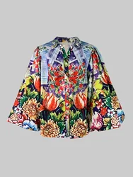 Yeezzi Bohemian Colorful Floral Printed Lapel Blouses for Women 2024 New Autumn Puff Sleeves Loose Casual Trendy Shirts Tops