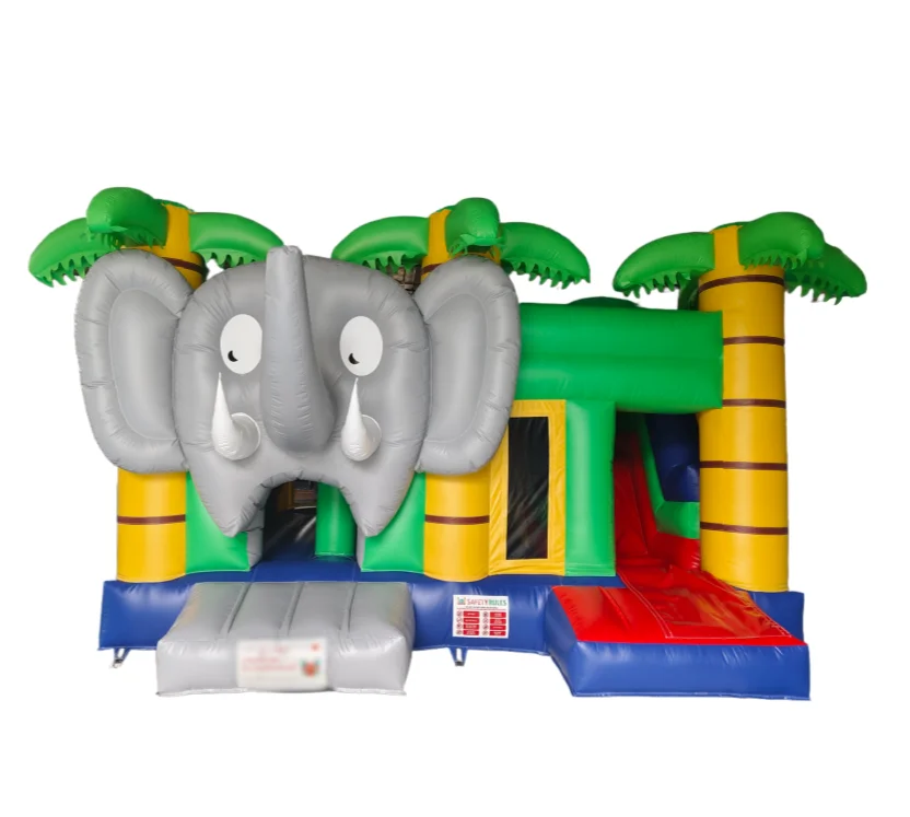

Надувной батут-замок 5х5 м для детей, зеленый, с изображением слона, открытый, коммерческий, с водной горкой