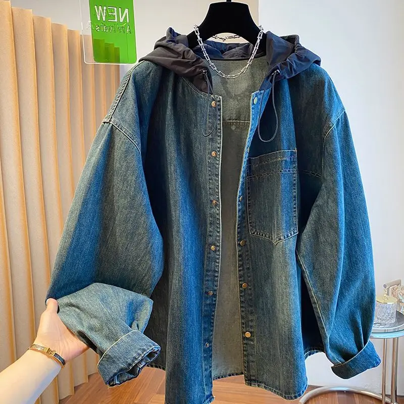 

Мужская джинсовая куртка оверсайз в американском ретро-стиле, с капюшоном, на молнии, с цветными вставками, повседневная верхняя одежда