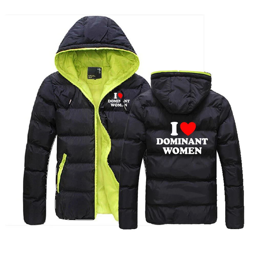 I Love Dominant Women Graphic Man Light Feathered Cotton Jacket Winter Slim Hooded Stand-Up Collar Hoodies