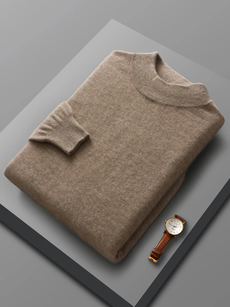 

Men's 100% Merino Wool Knitted Sweater Fashion Solid Mock Neck Pullover Soft Warm Autumn Winter Casual Loose Basic Clothing Tops