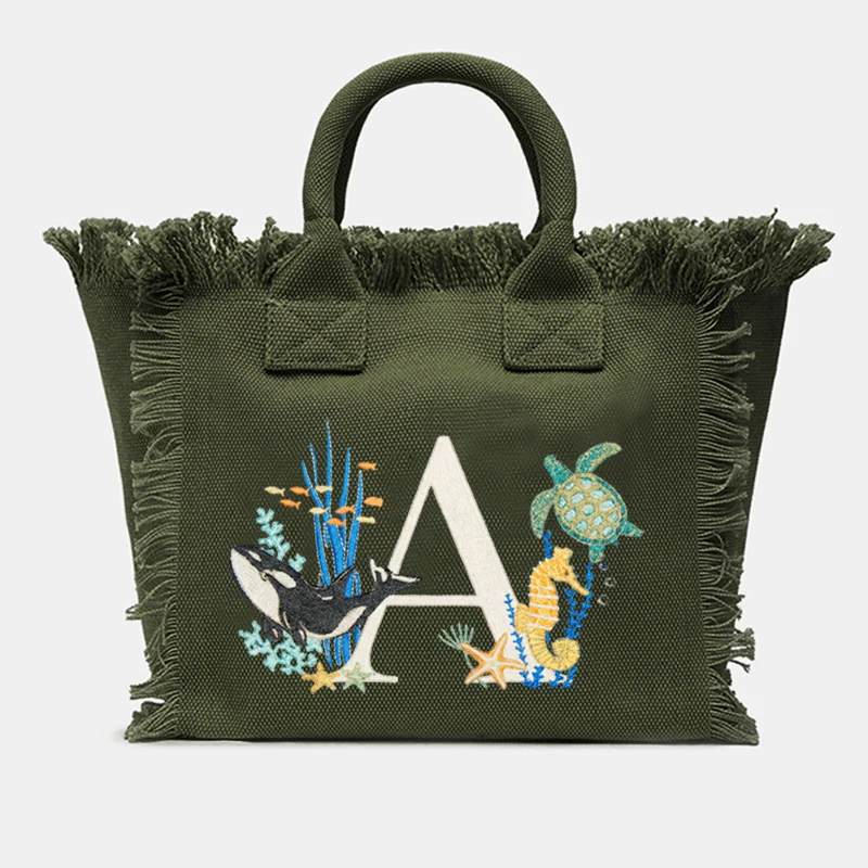 Dunkelgrüne Damen-Strandtasche aus Segeltuch mit Ozean-Buchstabendruck, fließende Su-Einkaufstasche, lässige Handtasche mit schräger Schulter