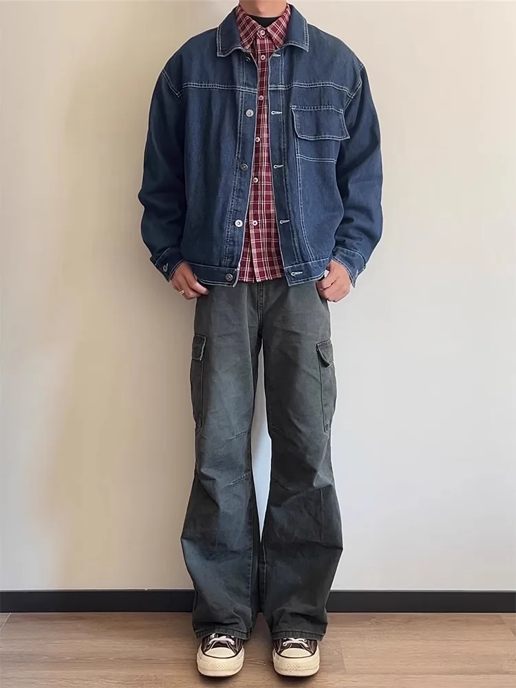 

Американские прямые рабочие брюки в стиле ретро, мужские весенне-осенние модные брендовые брюки с высокой талией, свободные широкие повседневные брюки...