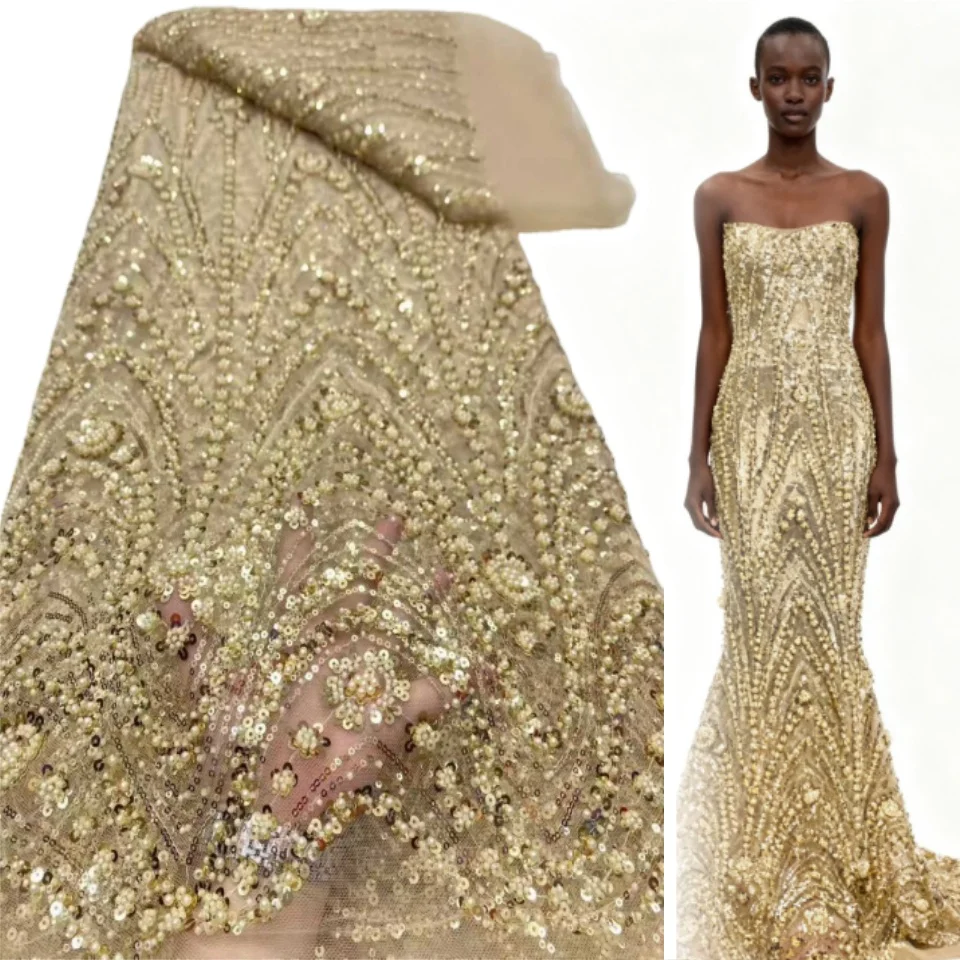 2026 Africano Nigeriano di Alta Qualità Paillettes In Rilievo Tulle Tessuto di Pizzo per Abiti Da Ballo Perline Ricamo Cucito Netto di Stoffa SZ1774