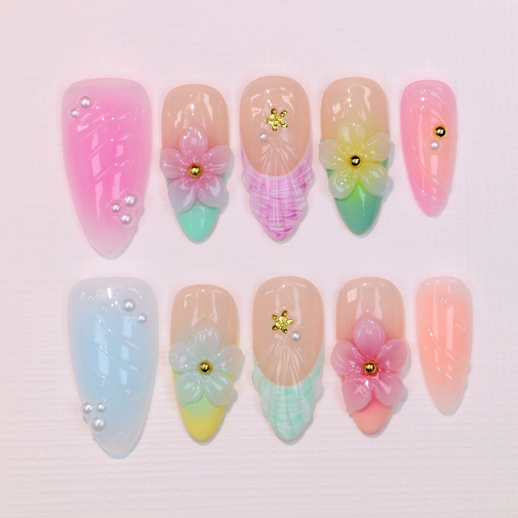

10 шт., роскошный пресс для ногтей ручной работы, Y2K 3D акрил с красивыми цветами, индивидуальный дизайн, свободный стиль, миндальный пресс, праздничные ногти