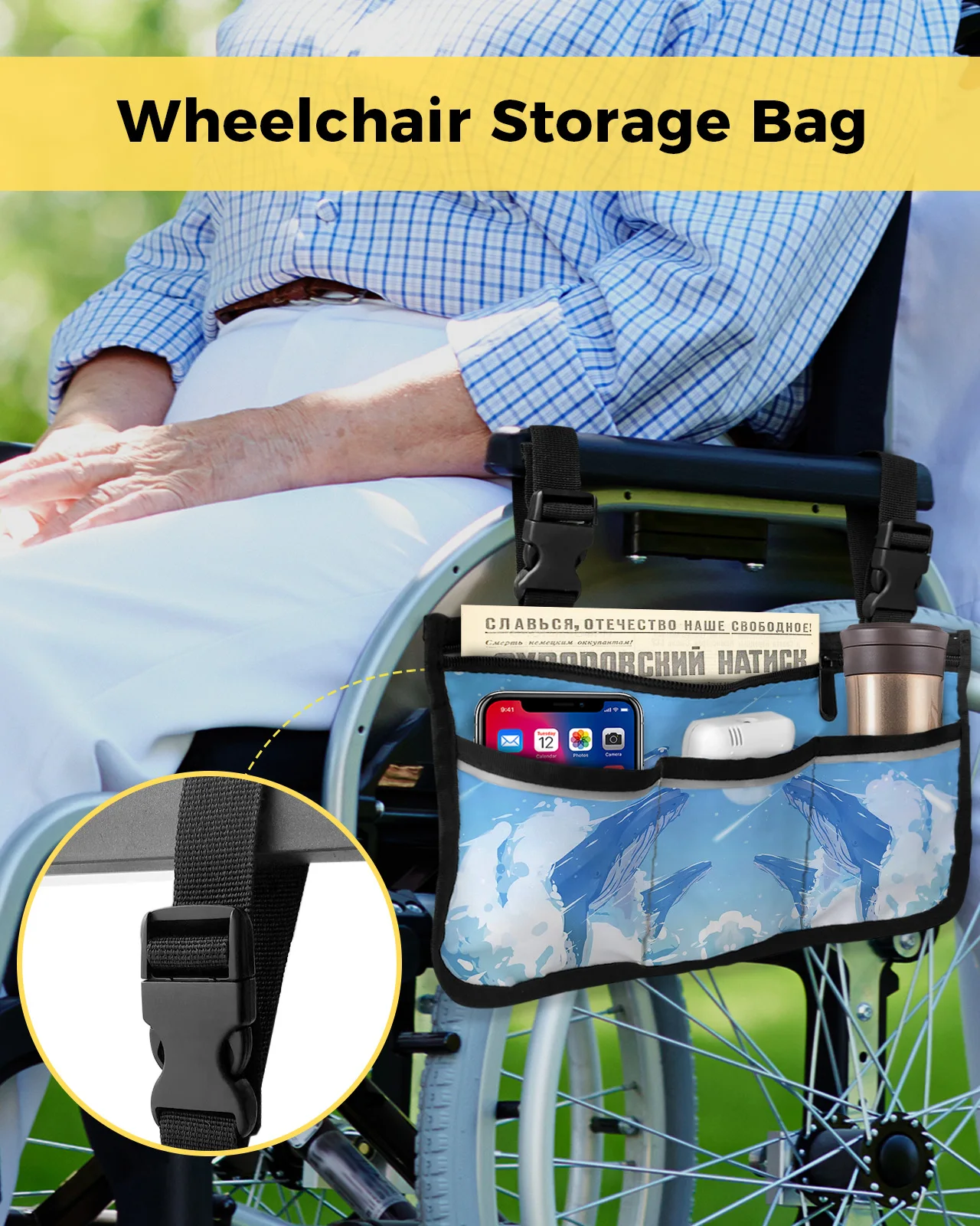 Whale Blue Sky Meteor Star Cloud Wheelchair Bag With Pockets Armrest Side Bags Electric Scooter Walking Frame Storage Pouch