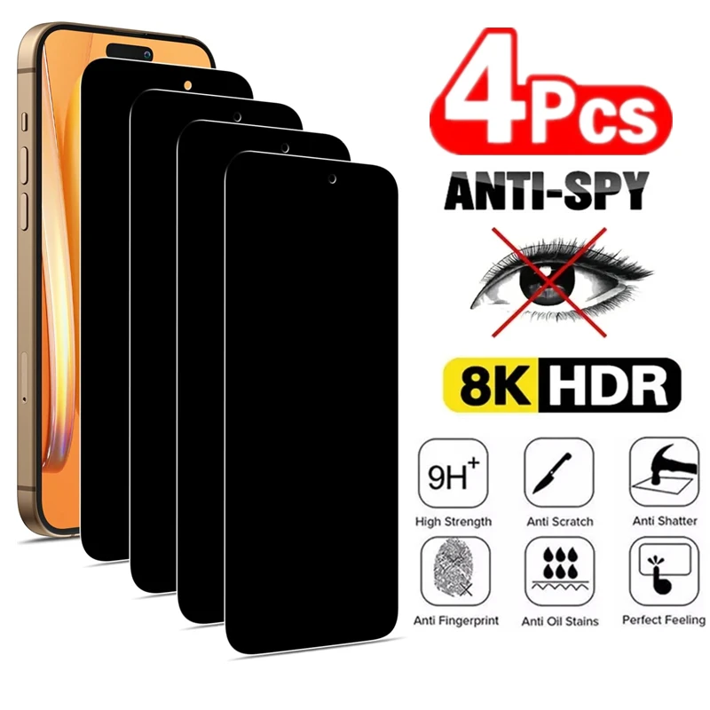 4PCS Privacy Tempered Glass for iPhone 16 15 14 13 12 11 Pro Max Plus Anti-Spy Screen Protectors for iPhone X XR XS Max SE Glass