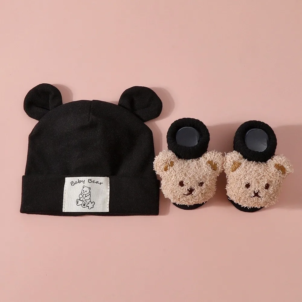 2Pcs/Set Cute Cotton Baby Hat Socks Set Soft Breathable Bear Ear Beanie Warm Cartoon Prewalker Socks for Newborn - view 2