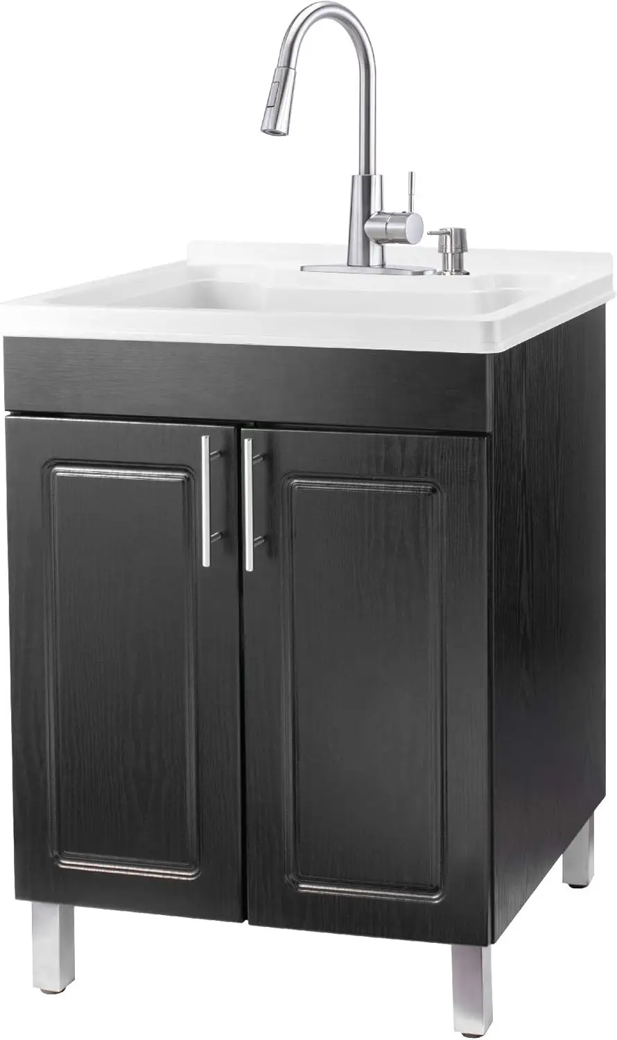 Js Jackson Supplies Black Utility Sink Vanity Cabinet With White Laundry Tub, Stainless High-Arc Pull-Down Sprayer Faucet For