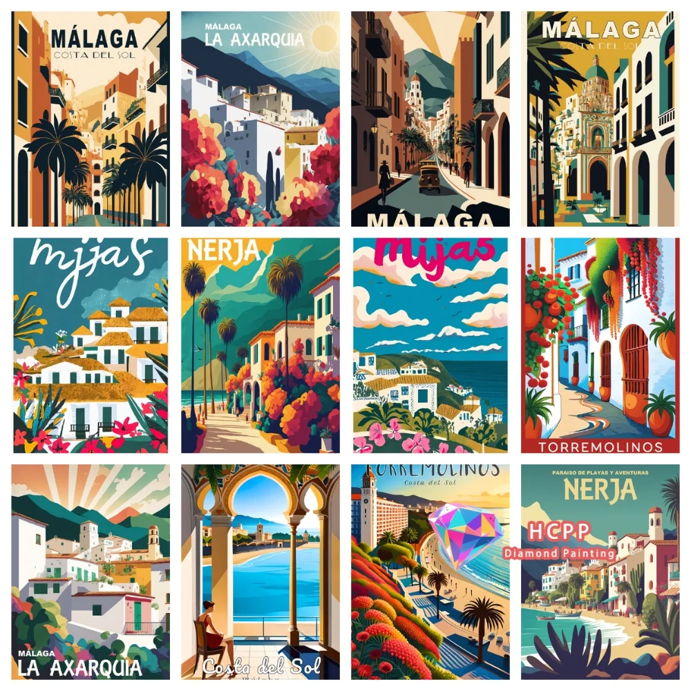 Vintage-Reise-Motiv: Die Stadt Malaga, Diamant-Malerei-Set, quadratische und runde Diamanten, 5D DIY Mosaik, handgemachte Kunst, einzigartiges Geschenk, Heimdekoration