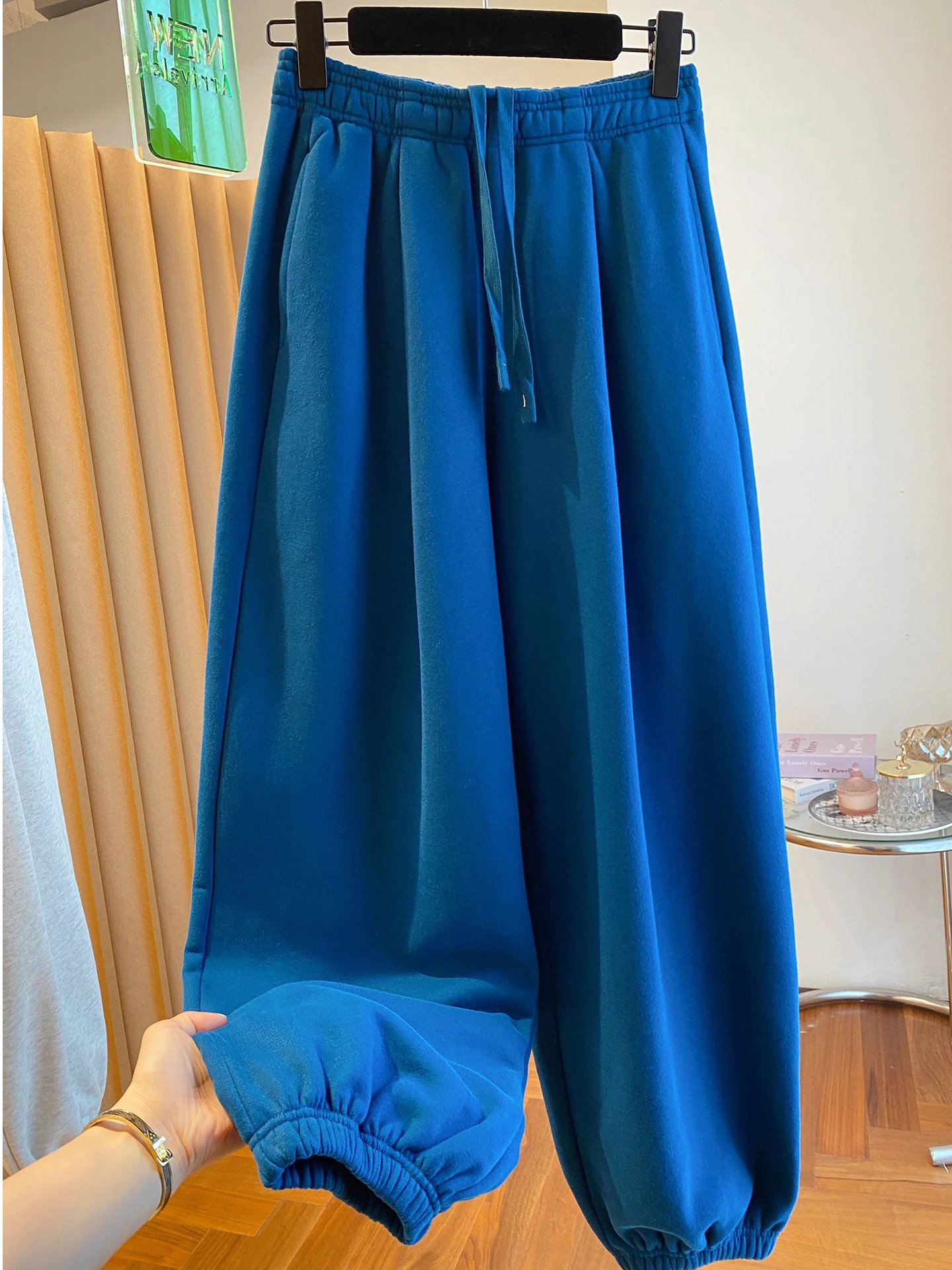 

Синие женские спортивные брюки с флисовой подкладкой, прямого кроя, удобные и теплые, для повседневной носки и зимы, с высокой талией, вязаные