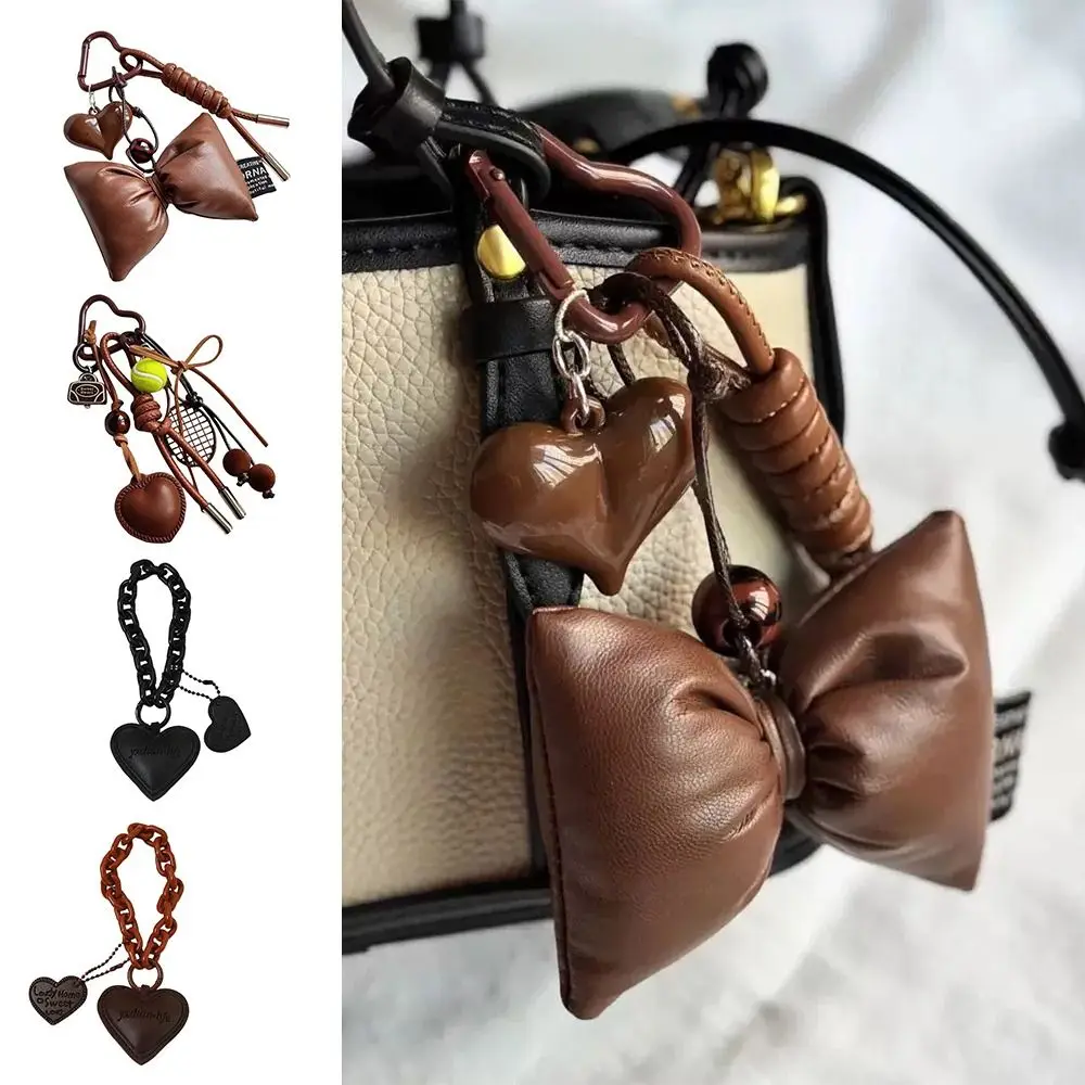 Gantungan Kunci Bisbol Kulit Cokelat dengan Liontin Hati dan Pita, Tali Gantungan Tas, Aksesoris Gantungan Kunci Vintage Y2k untuk Wanita