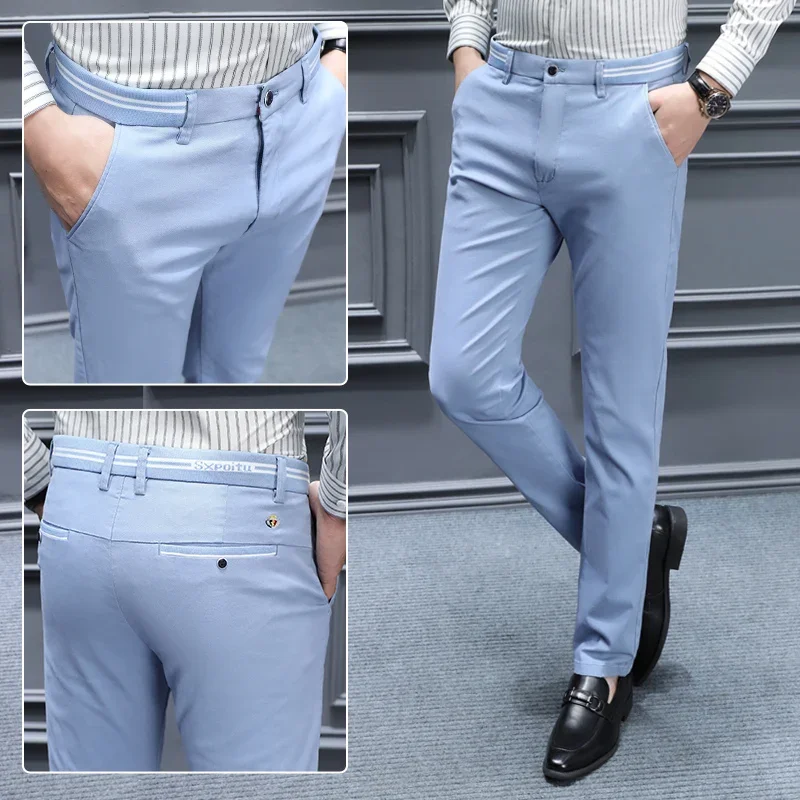 

Брюки мужские из мягкого хлопка, повседневные деловые штаны из лиоцелловой ткани, брендовая одежда, приталенные деловые штаны, синий/хаки, на осень