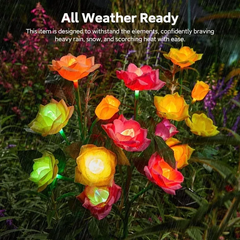 Garden Solar Rose Lights Outdoor Waterproof 3 Realistic Lighted Flower Heads Decorative Lamp Patio Home Yard Landscape Decor