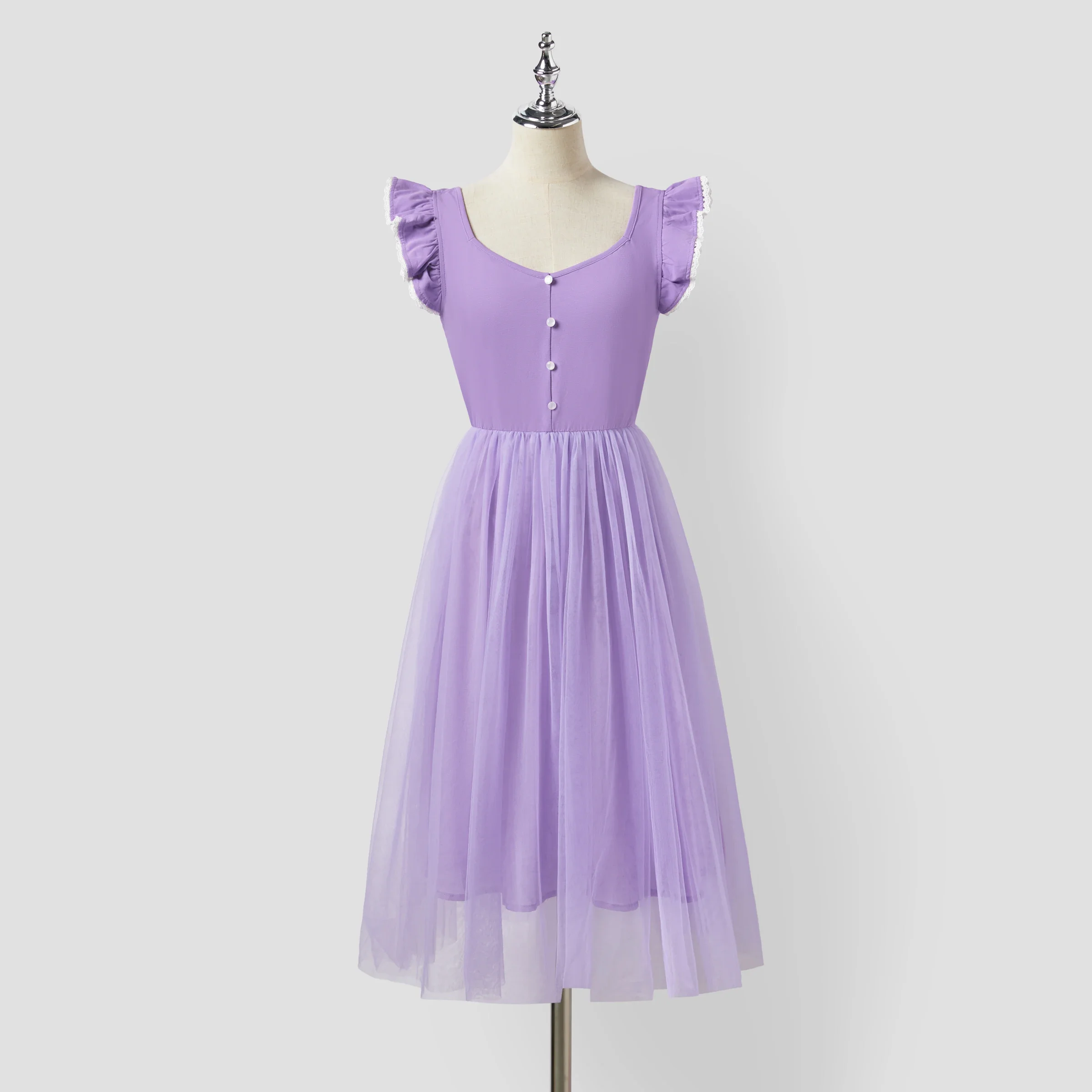 PatPat Family Matching Purple Colorblock T-shirt and Button Ruffle Sleeves Spliced Mesh Dress Sets Suitable for Summer Season