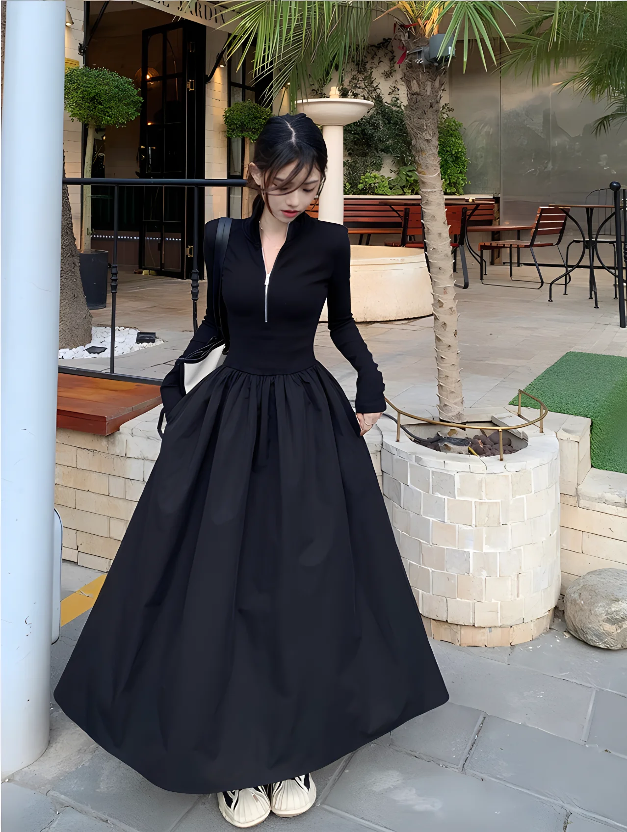 

Women's autumn American casual slim dress knitted splicing long sleeve umbrella skirt waist slimming temperament elegant swing l