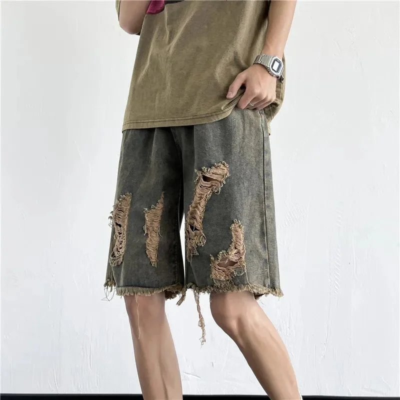 

Men's Summer Trendy Brand Personalized Casual Hole Denim Shorts Fashionable Triple Estery Fiber Short Pants for Men