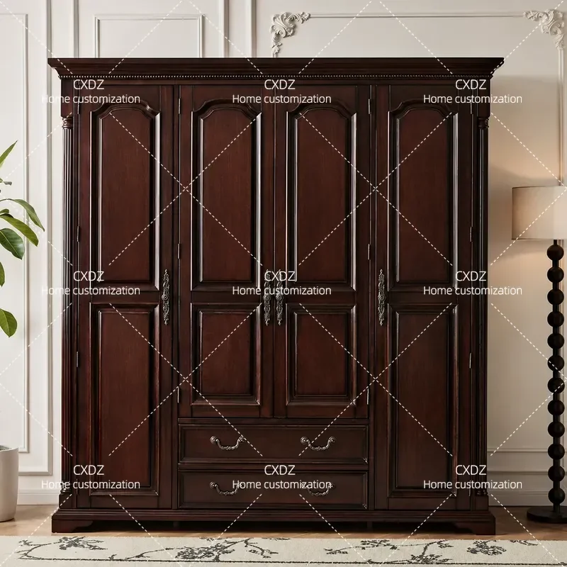 All Solid Wood Four Door Large Wardrobe Retro Walnut Home Storage Locker Simple Design Large Capacity for Villa