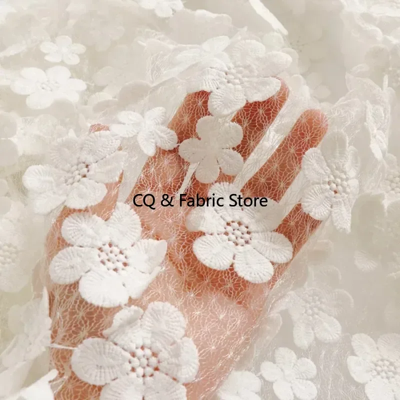 Long 0.5m*125cm Wide Beautiful White 3D Flower Embroidered Mesh Fabric Customized Girl Dress Material