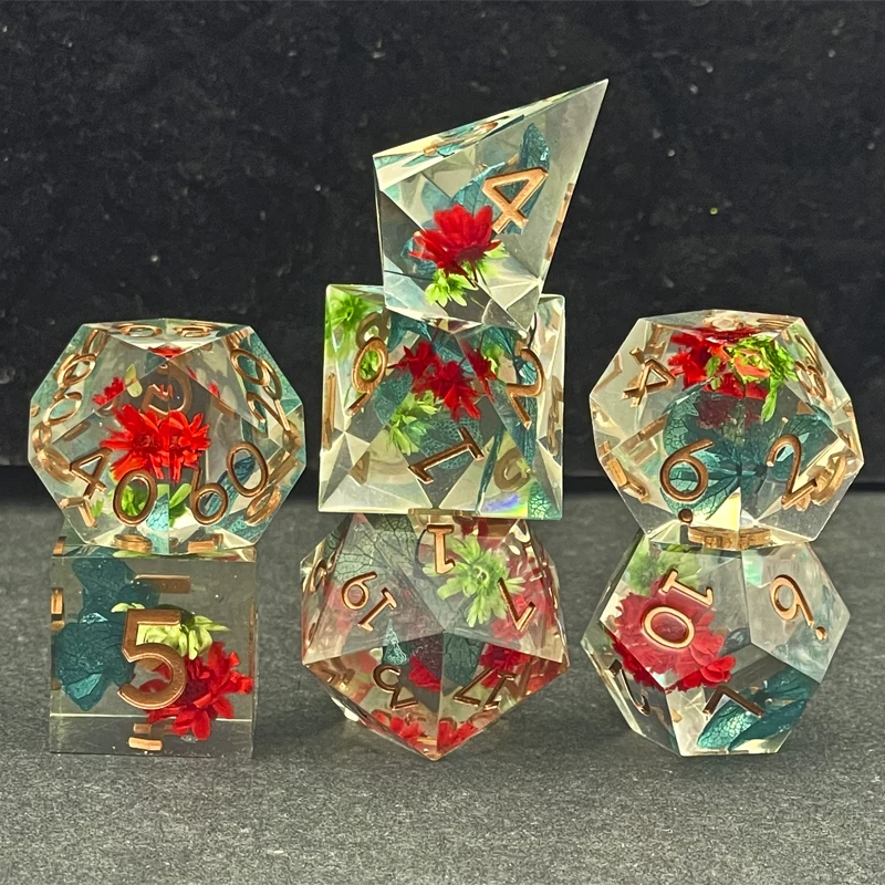 7Pcs Resin material dice Dried flower series Polyhedral multi-color digital decorative game Party board game Entertainment dice